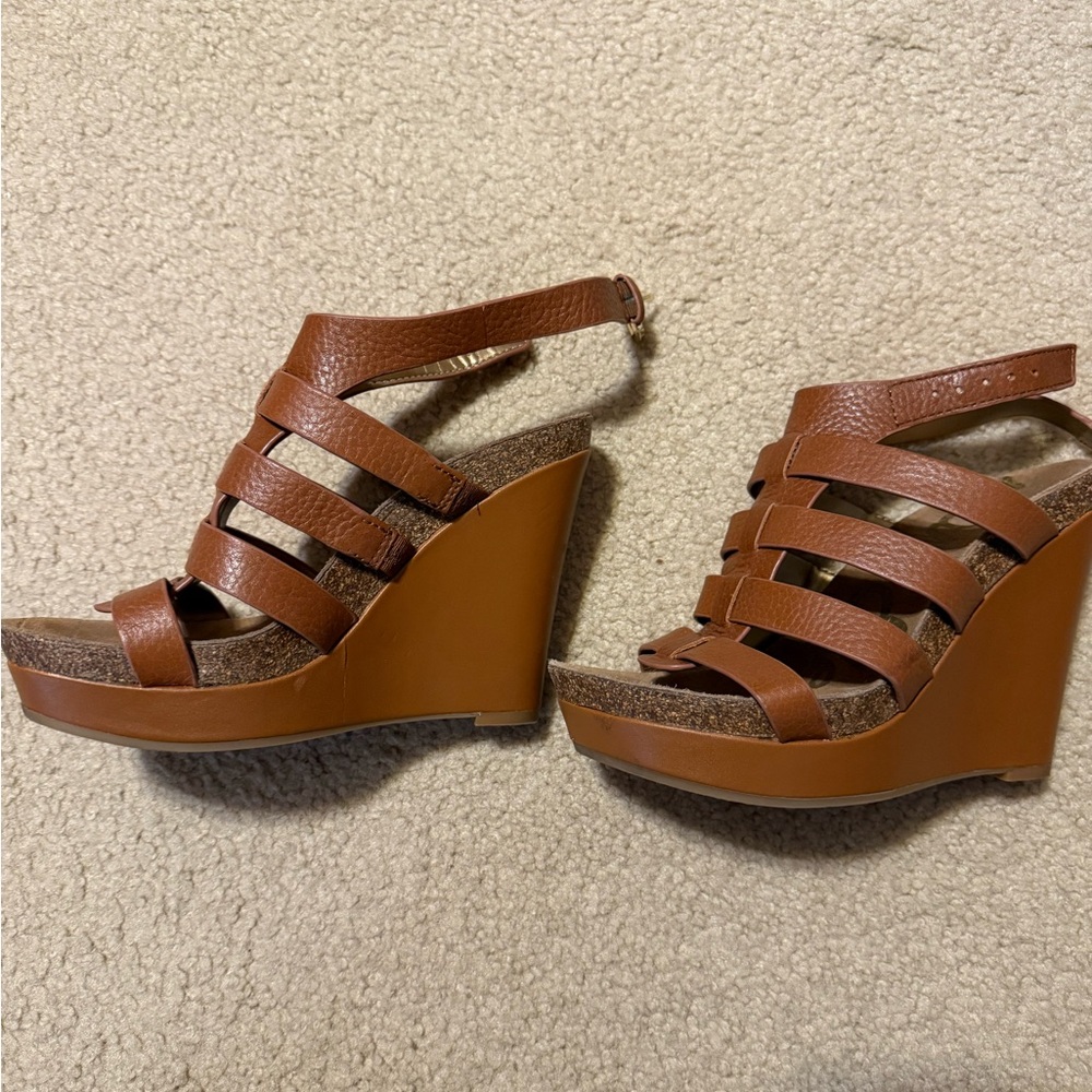 Sam Edelman Nayla Women's Brown Leather Gladiator Sandals Wedge Heels